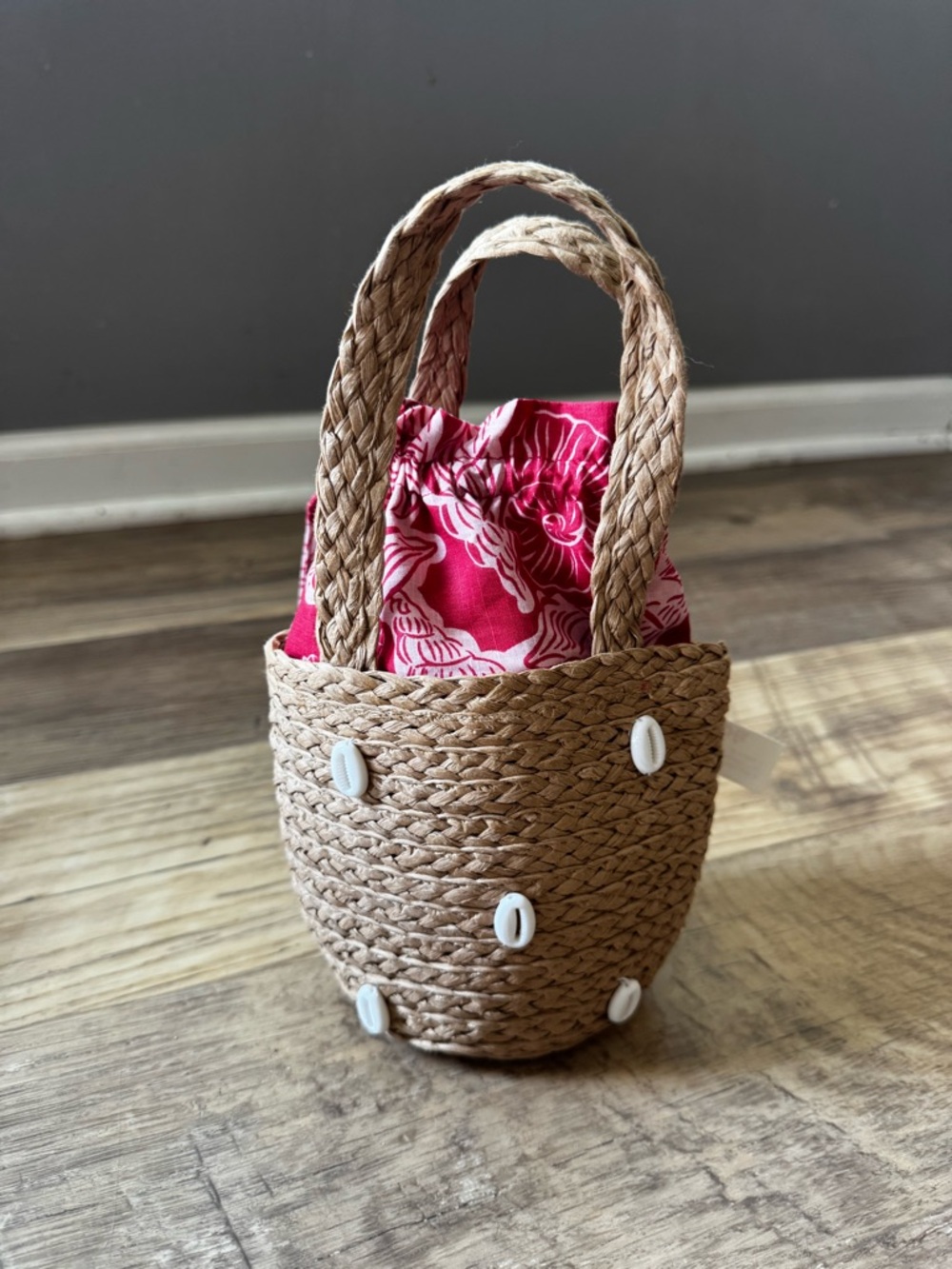 Mini Raffia Natural Woven Handbag with sewn on sea shells and drawstring closure